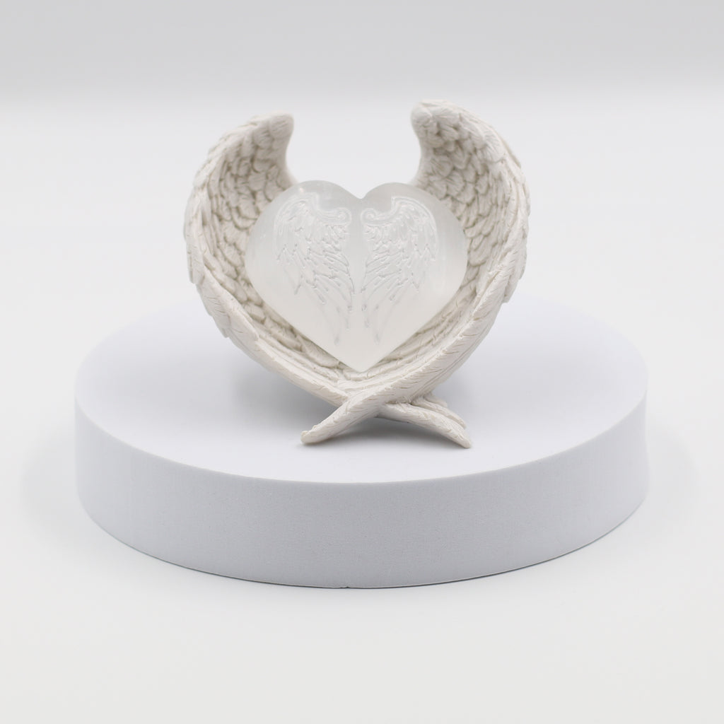 Engraved Selenite Heart (large) in Angel Wing Dish