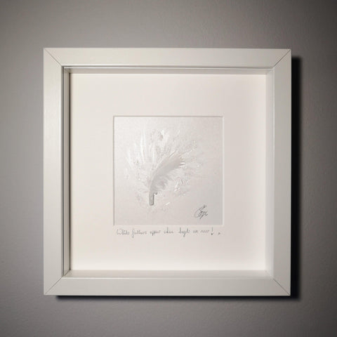 Hand Made White Feather with Selenite Framed Artwork - White Feathers Appear When Angels Are Near.